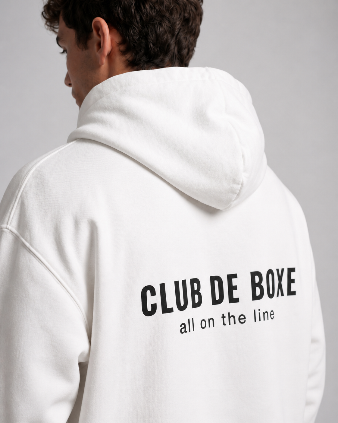 CLUB DE BOXE Heavyweight Essential Hoodie White - Back Logo Close-up