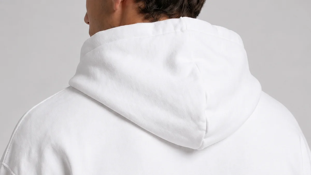 The back of a man's shoulders and hood in the CLUB DE BOXE Heavyweight Hidden Pocket Fleece Hoodie, in white